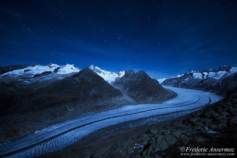 Aletsch glacier by night under a starry sky