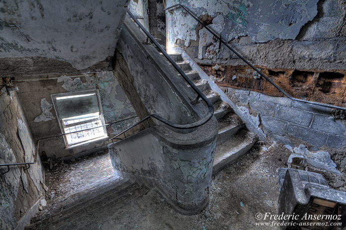 Dilapidated stairs in abandoned building, Quebec