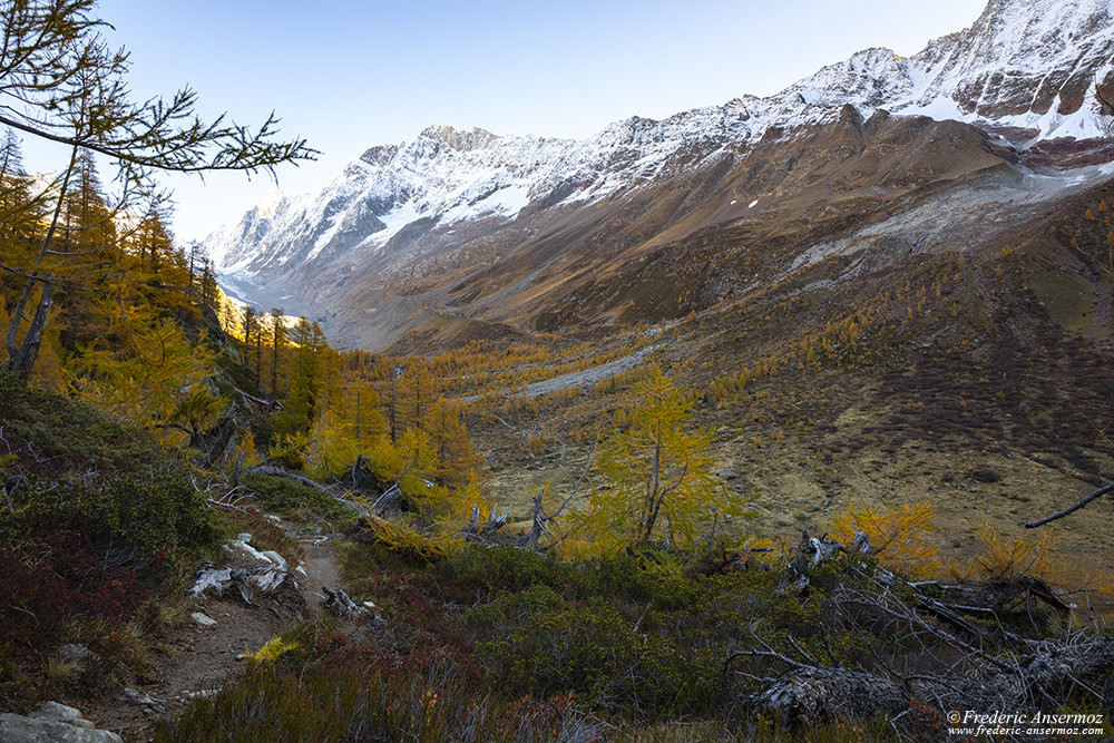 Lötschental valley in Switzerland. Snow-capped mountains and autumn colors