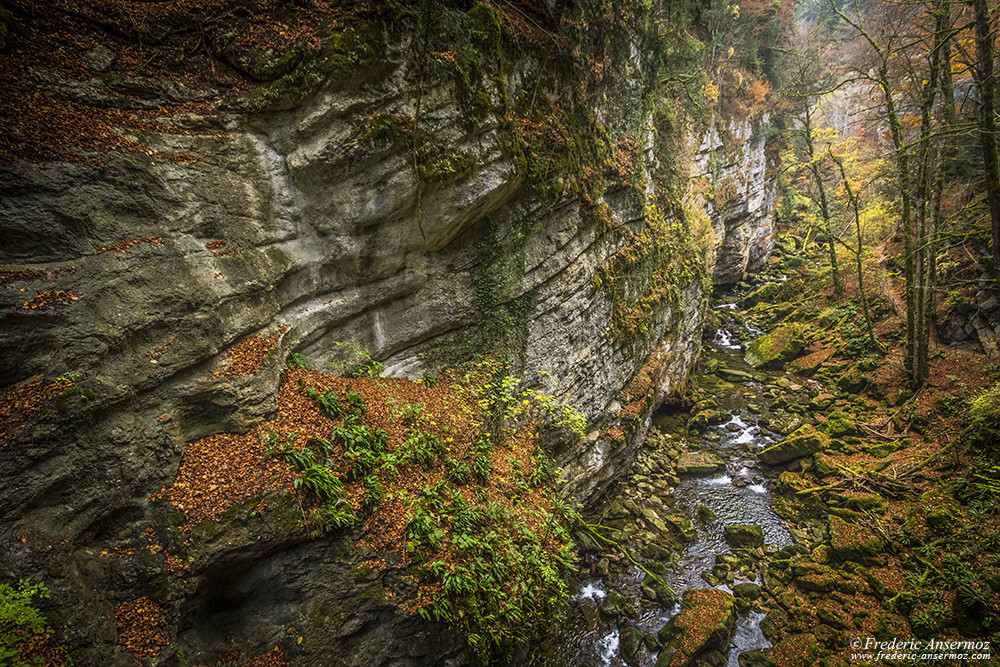 In the gorges, at the bottom of the cliffs, runs the Areuse river In the gorges, at the bottom of the cliffs, runs the Areuse river