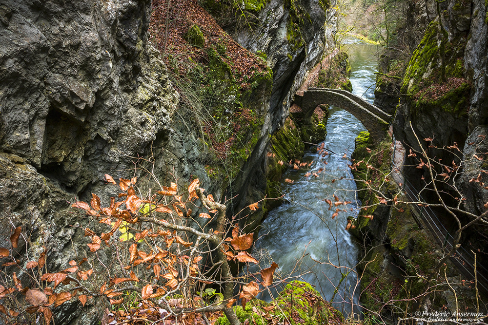 Beautiful stone bridge of Saut de Brot in Les Gorges de l'Areuse, Neuchâtel