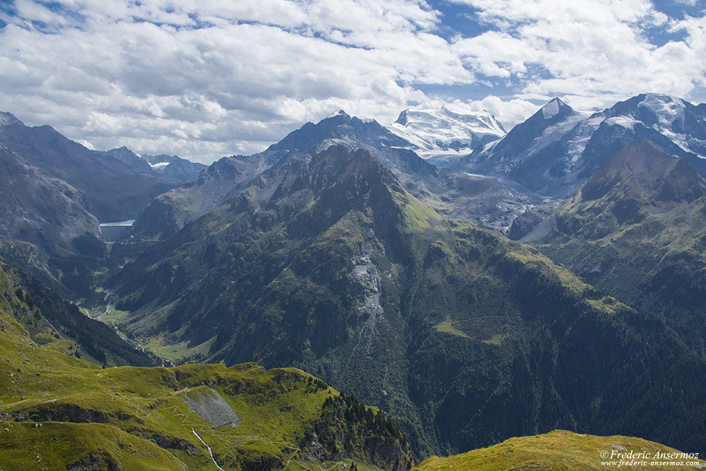 Le Grand Combin and its glacier, Mauvoisin Lake and barrage (on the left)