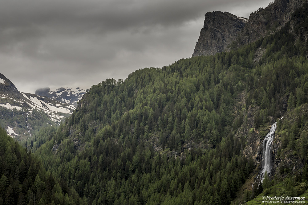 Mont Avic waterfall, landscape in Aosta Valley, Italy