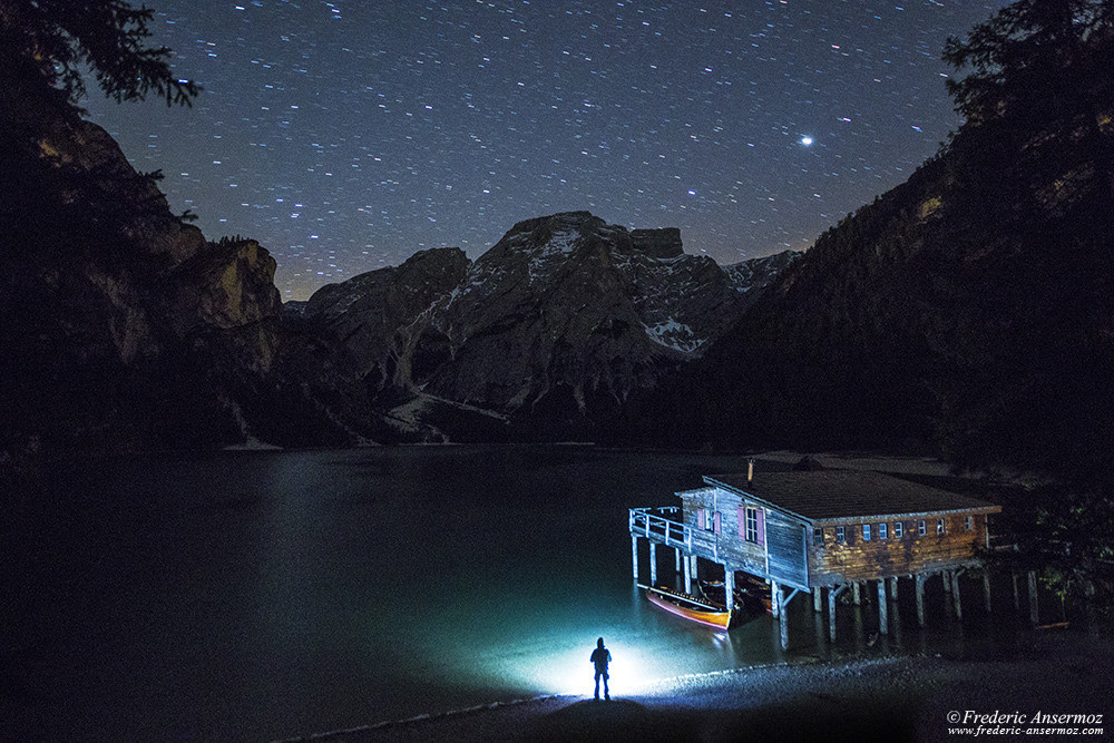 Night photography and light painting at Lago di braies, Italiy