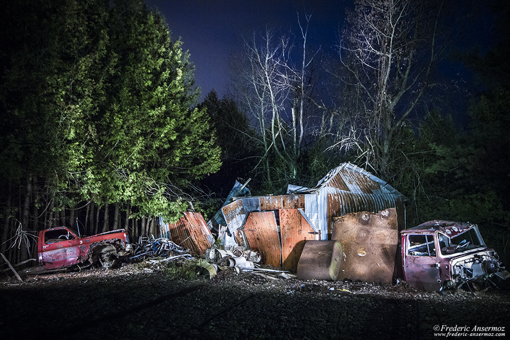 Lightpainting on rusty shed and abandoned car graveyard