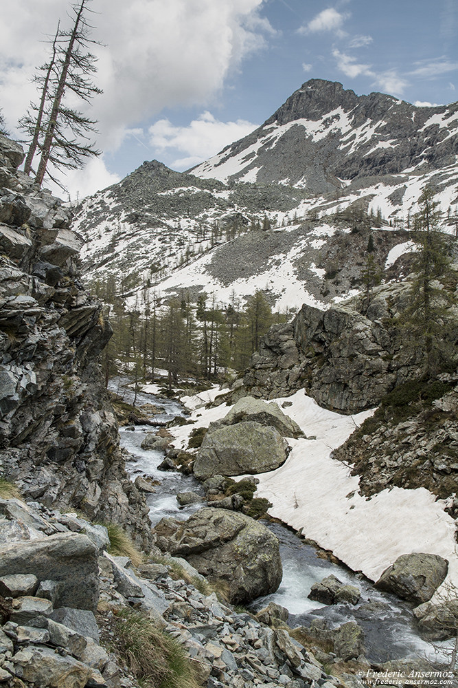 Rivière de montagne, du Lago Comuto (Lac Cornu) au Lago Bianco, Parc du Mont Avic