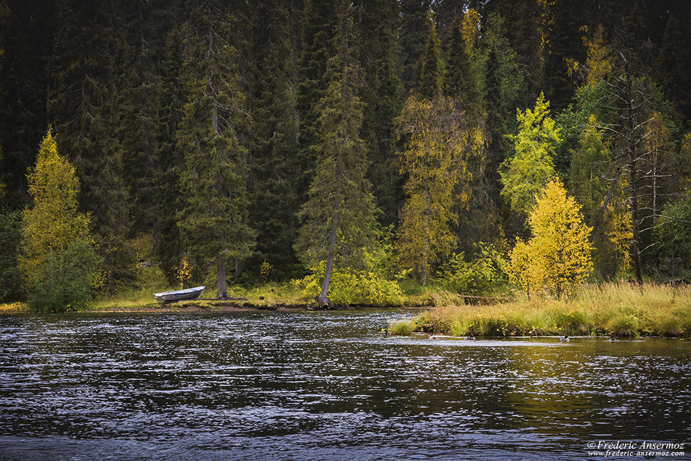 Hiking on Karhunkierros trail along River Kitkajoki, Oulanka