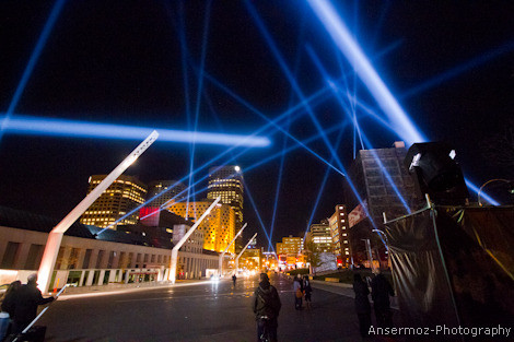 Place des Arts by night in Montreal with lazer beams