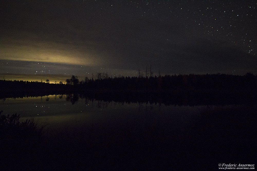 Night in Finland, starry sky reflection on water