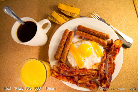 Bacon and eggs with sausages at breakfast